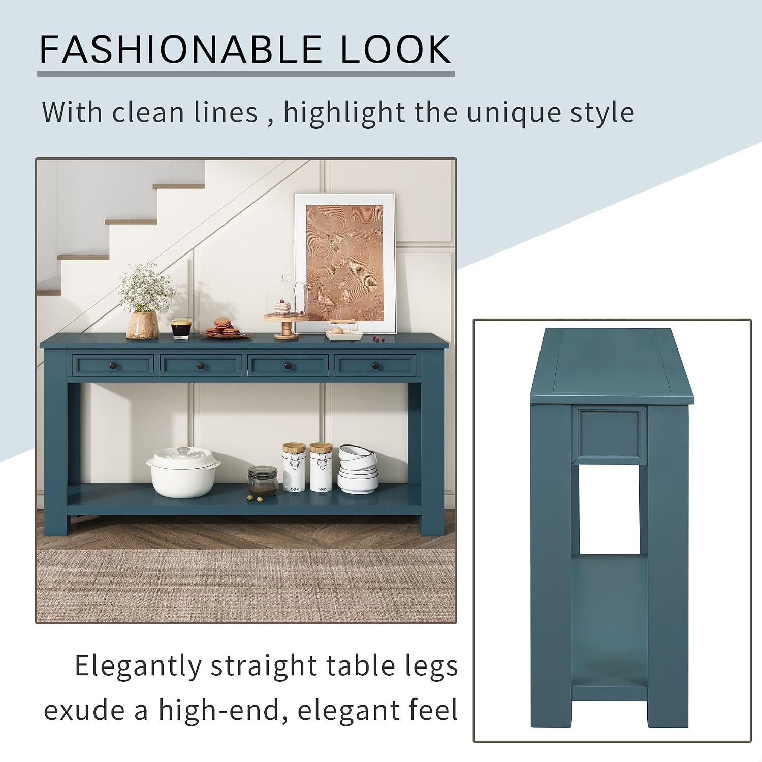 GDFStudio Farmhouse Console Table with 4 Drawer 63' Long Rustic Entryway Table with Open Storage Shelves Vintage Metal Handle Narrow Foyer Sofa Tables for Living Room Entryway Hallway, Dark Blue