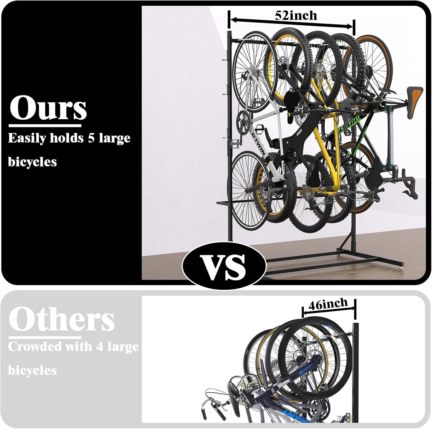 Freestanding Bike Storage Rack for 5 Bikes, 52' Wide Steel Vertical Bike Rack with 5 Bike Hooks & 6 Hooks for Helmet Storage, Bike Racks for Home and Garage, Indoor Floor Bike Stand