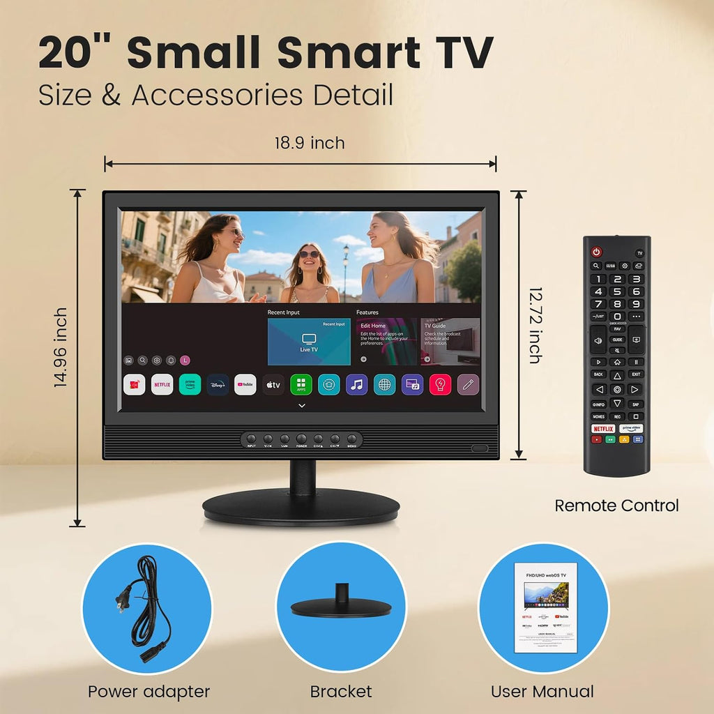 Jexiop 20inch Smart TV,Full HD 1080p LED Flat Screen with ATSC TV,with Built-in HDMI USB Suitable for Kitchen Kid's Room Basement or RV Camper