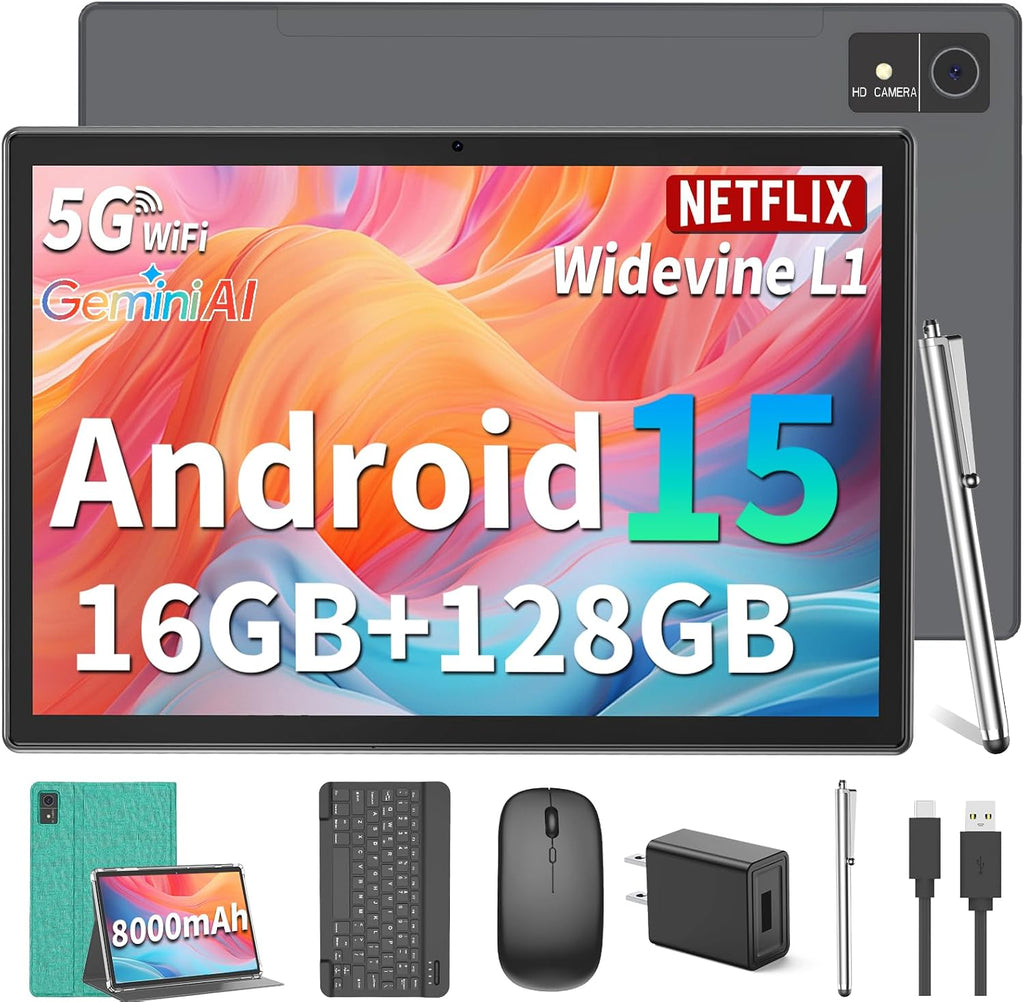 Suicoey Android 15 Tablet with Keyboard - 10 inch Tablet, 16GB+128GB, 1TB Expand, Octa-Core, 2.4G/5G WiFi, 8000mAh, BT V5.0, GMS, Widevine L1, Split-Screen, with Case, Mouse, Stylus(Green Case)