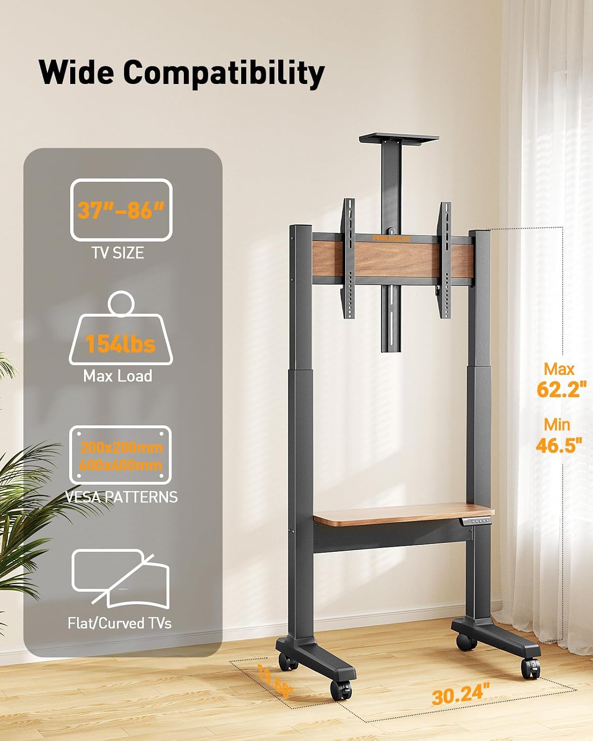 Perlegear Motorized Mobile TV Stand on Wheels for 37–86 Inch TVs up to 154 lbs, Electric Height Adjustable Rolling TV Stand, VESA 200x200–600x400mm, Wooden Shelf & Panel, PGTVMC26B