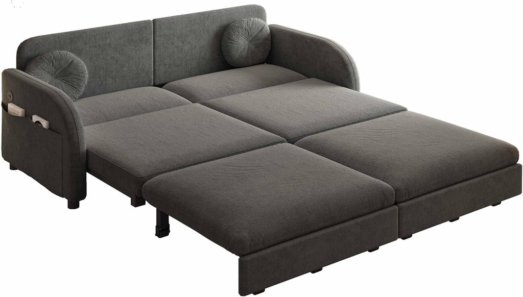 65.4'' Pull Out Couch Bed Queen Size, Chenille Sleeper Sofa Daybed, 3 in 1 Convertible Couches, Futon Sofa with 2 Pillows, Storage Pockets, USB, Loveseat for Small Spaces, Living Room, Grey