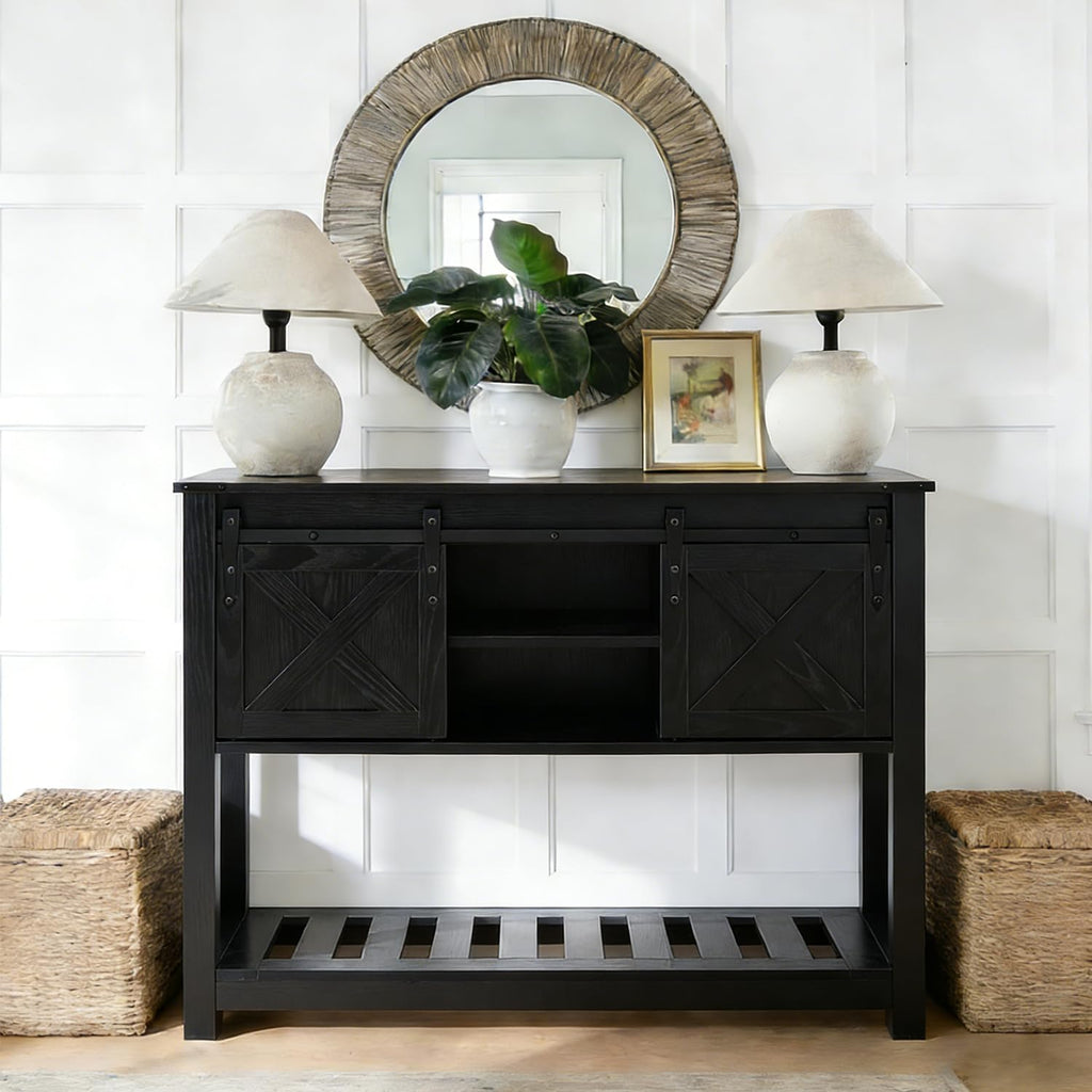 Farmhouse Entryway Table with Sliding Barn Doors,Wood Console Table with Storage Shelf,Rustic Sofa Table for Living Room, Entryway, Foyer, Black