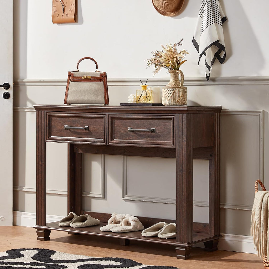 SAVOR LIFE Farmhouse 46' Console Table with 2 Drawers, Rustic Wood 2 Tier Entryway Table with Open Storage Shelf for Entry, Large Mid-Century Vintage Sofa Tables Behind Couch for Living Room, Walnut