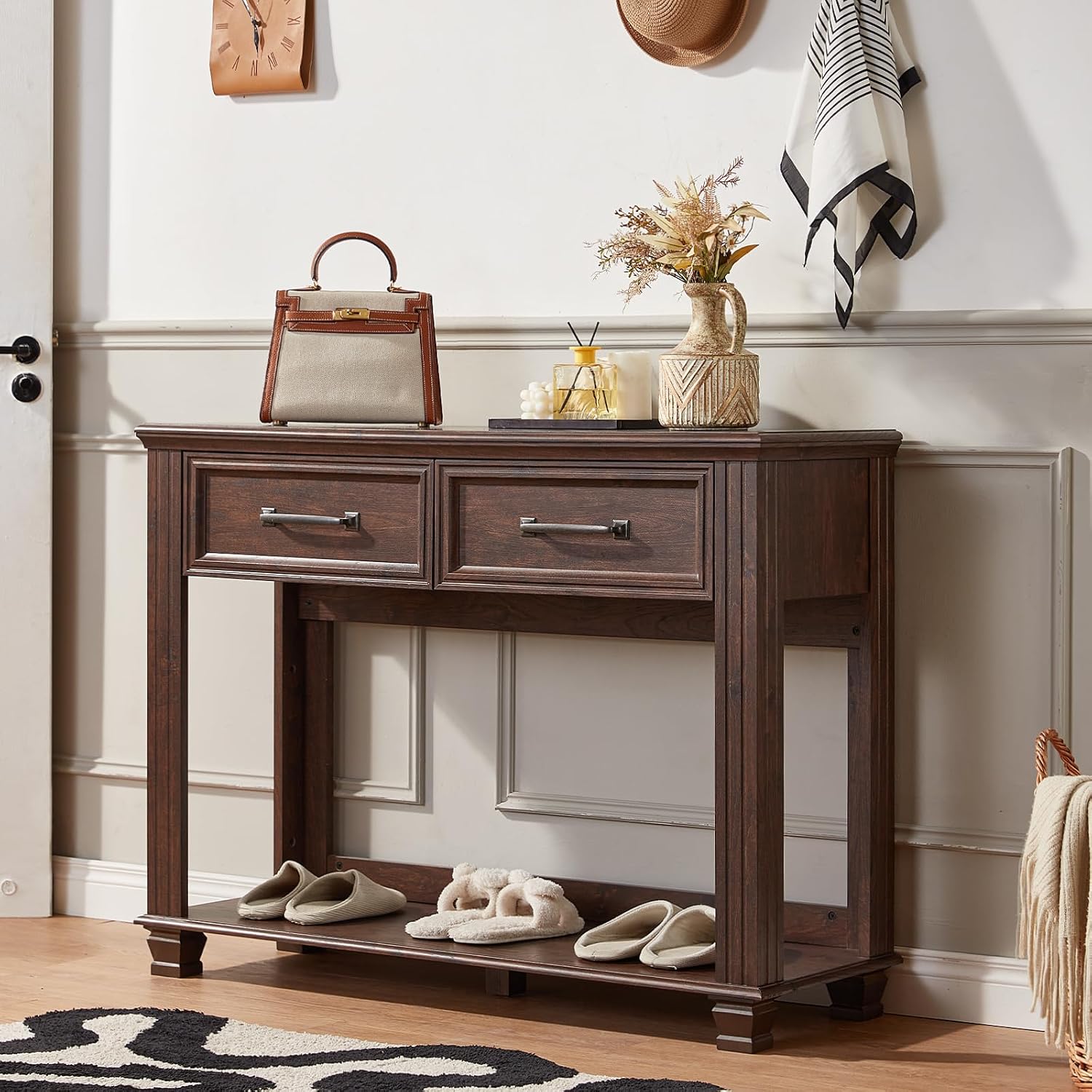 SAVOR LIFE Farmhouse 46' Console Table with 2 Drawers, Rustic Wood 2 Tier Entryway Table with Open Storage Shelf for Entry, Large Mid-Century Vintage Sofa Tables Behind Couch for Living Room, Walnut