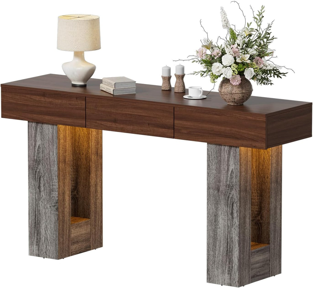 PAKASEPT 63-Inch Long Console Table with Colorful LED Lights and 3 Drawers, Farmhouse Sofa Table with Storage, Wooden Entryway Table for Hallway, Living Room, Foyer, Vintage Brown