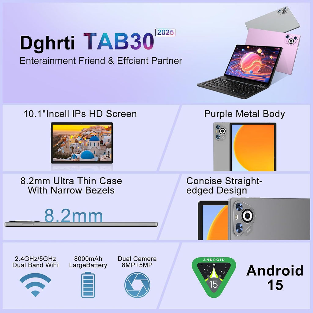 Android 15 Tablet, 30GB RAM + 128GB ROM 1TB TF, 2025 Tablet with Keyboard and Mouse, 10.1 inch Touchscreen, 8000mAh Battery, Incell Display, 2.0GHz, Gemini AI, 5G WiFi, BT 5.0, GPS- Metal Grey