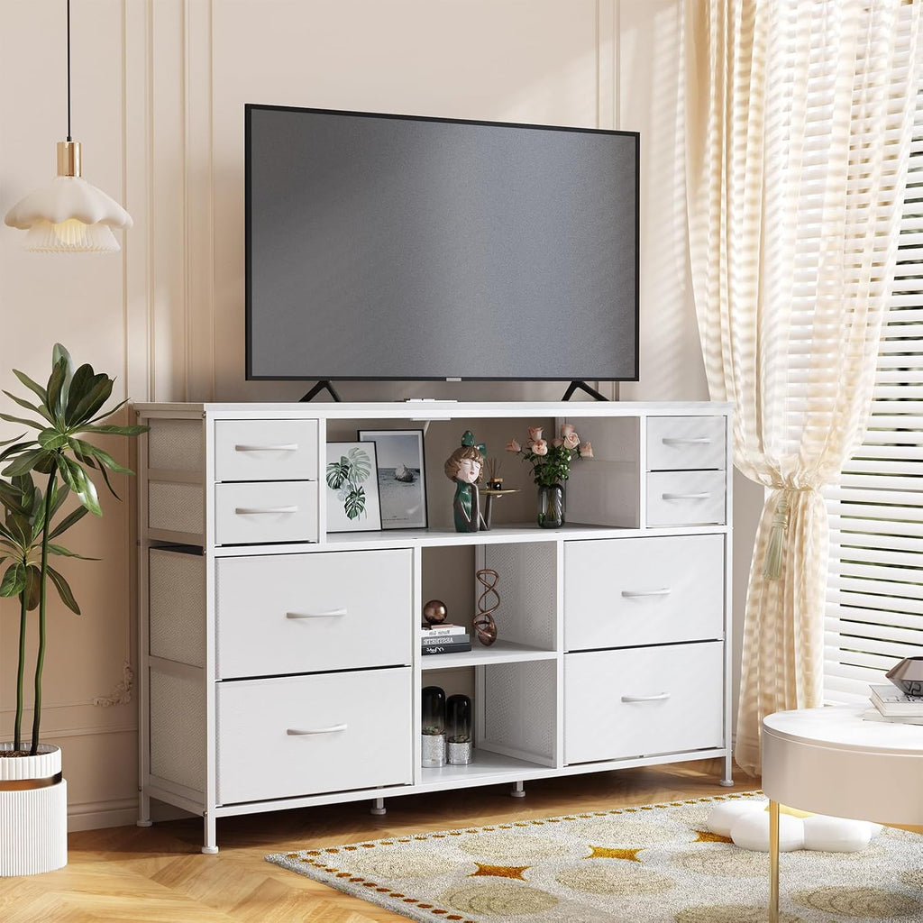 TV Stand Dresser Drawer for Bedroom - TV Stands for 45, 50, 55 inch TV - Entertainment Center Dressers with Charging Station, Drawers Dresser with Storage for Living Room, Nursery, Entryway - White