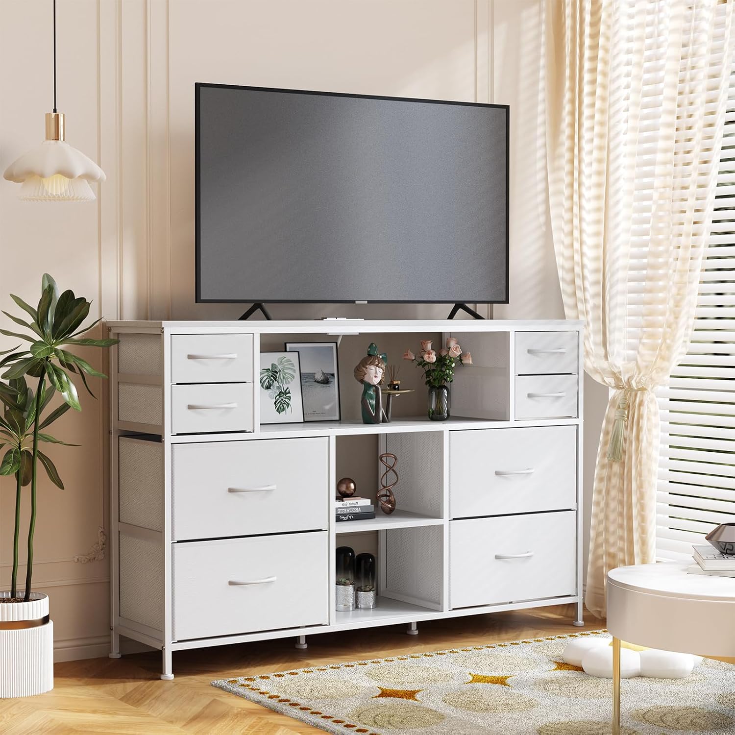 TV Stand Dresser Drawer for Bedroom - TV Stands for 45, 50, 55 inch TV - Entertainment Center Dressers with Charging Station, Drawers Dresser with Storage for Living Room, Nursery, Entryway - White