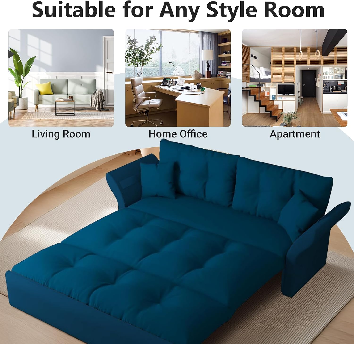 74.8' Queen Pull Out Sofa Bed, 3-in-1 Convertible Sleeper Sofa Bed, Velvet Small Loveseat for Small Spaces, Comfy Cloud Pullout Couches, Multi-Functional Couches for Living Room, Bedroom, Lounge(Blue)