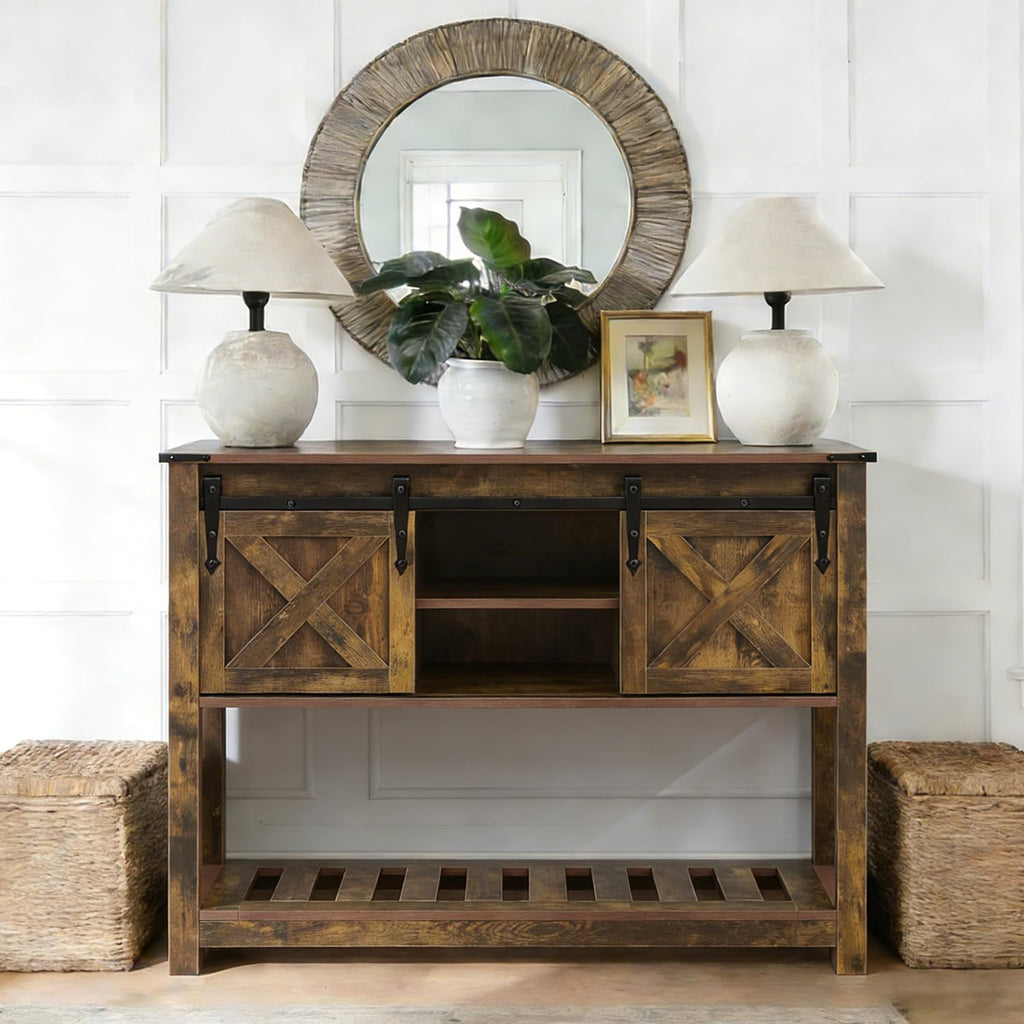 Farmhouse Entryway Table with Sliding Barn Doors, Wood Console Table with Storage Shelf, Rustic Sofa Table for Living Room, Entryway, Foyer, Brown