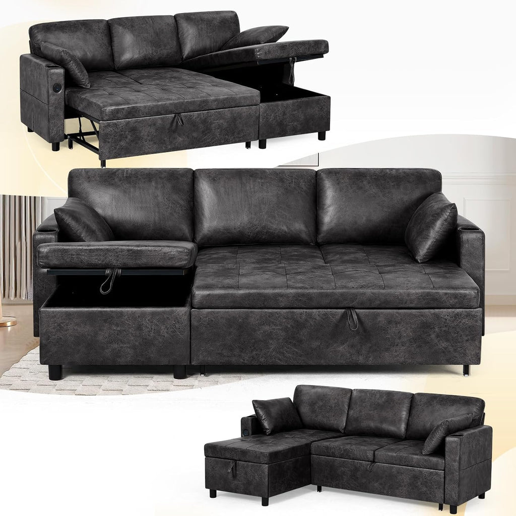 84' Suede Leather Pull Out Sofa Bed w/Adjustable Backrest, Sectional Sleeper Couch w/Storage Chaises and Armrest Pillows, U-Shape Sofa Bed w/USB Port for Living Room, House, Black