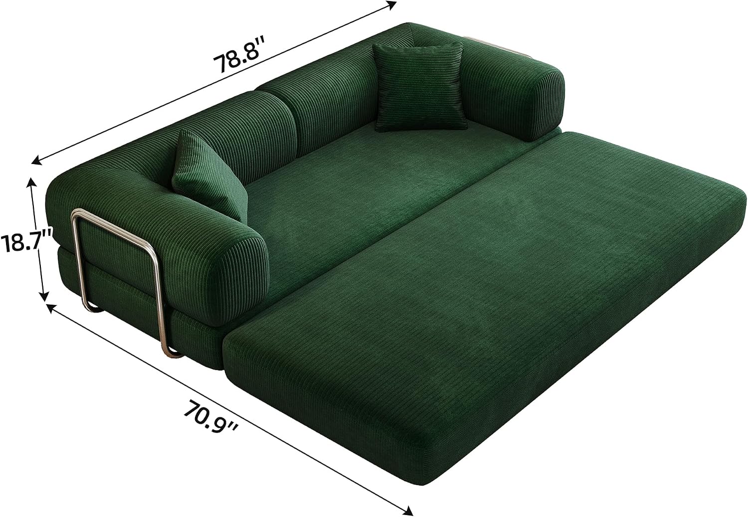 79' Convertible Sofa Bed, Corduroy Folding Pull Out Couch with Pillows, No Assembly Modern Boneless Couch Compression Sofa in Box, Floor Sofa with Support Rods for Living Room,Dark Green