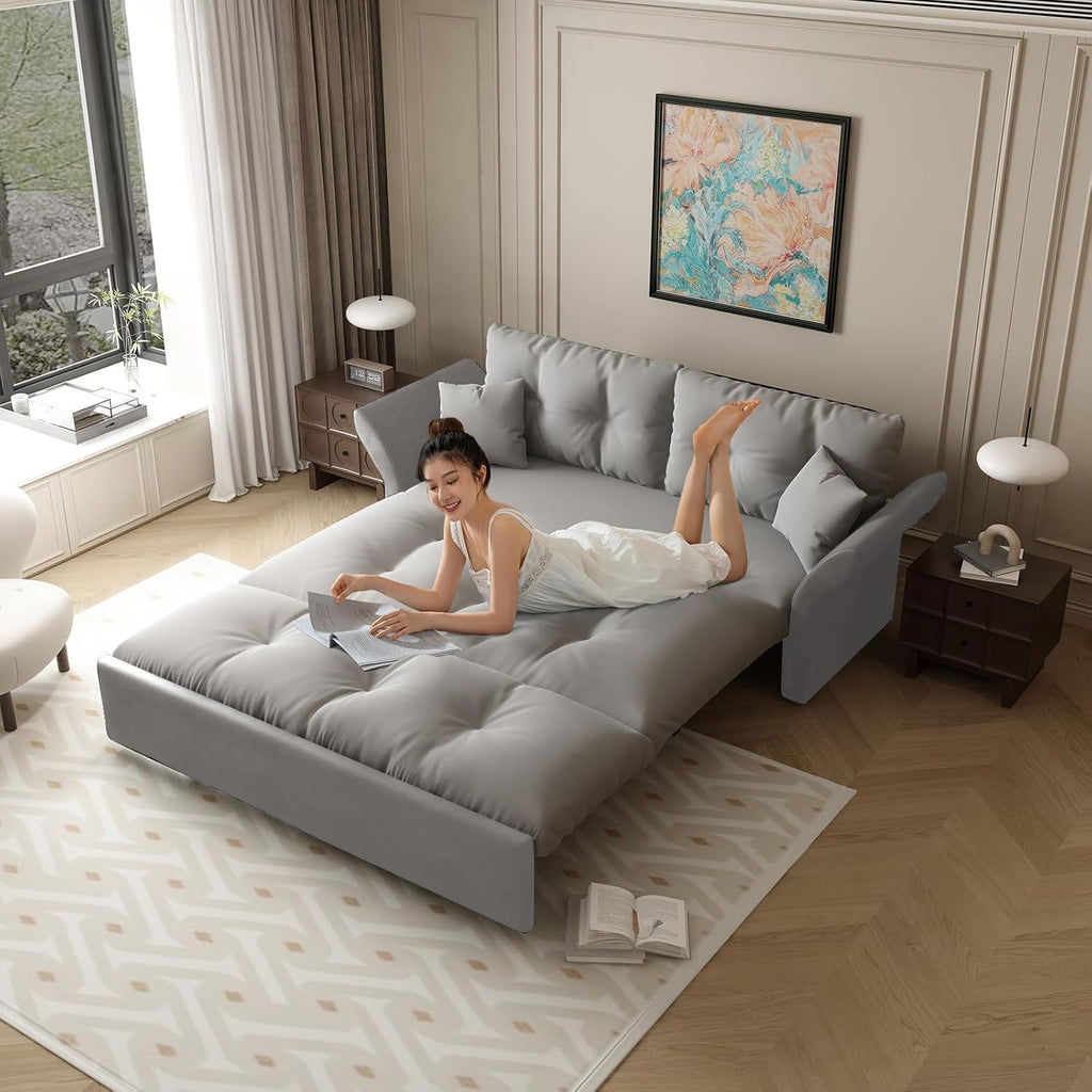74.8' Queen Size Sleeper Sofa with Pull Out Bed, 3-in-1 Convertible Loveseat Sofa with 2 Pillows, Portable Pull Out Chaise for Living Room Apartment Small Spaces, Grey