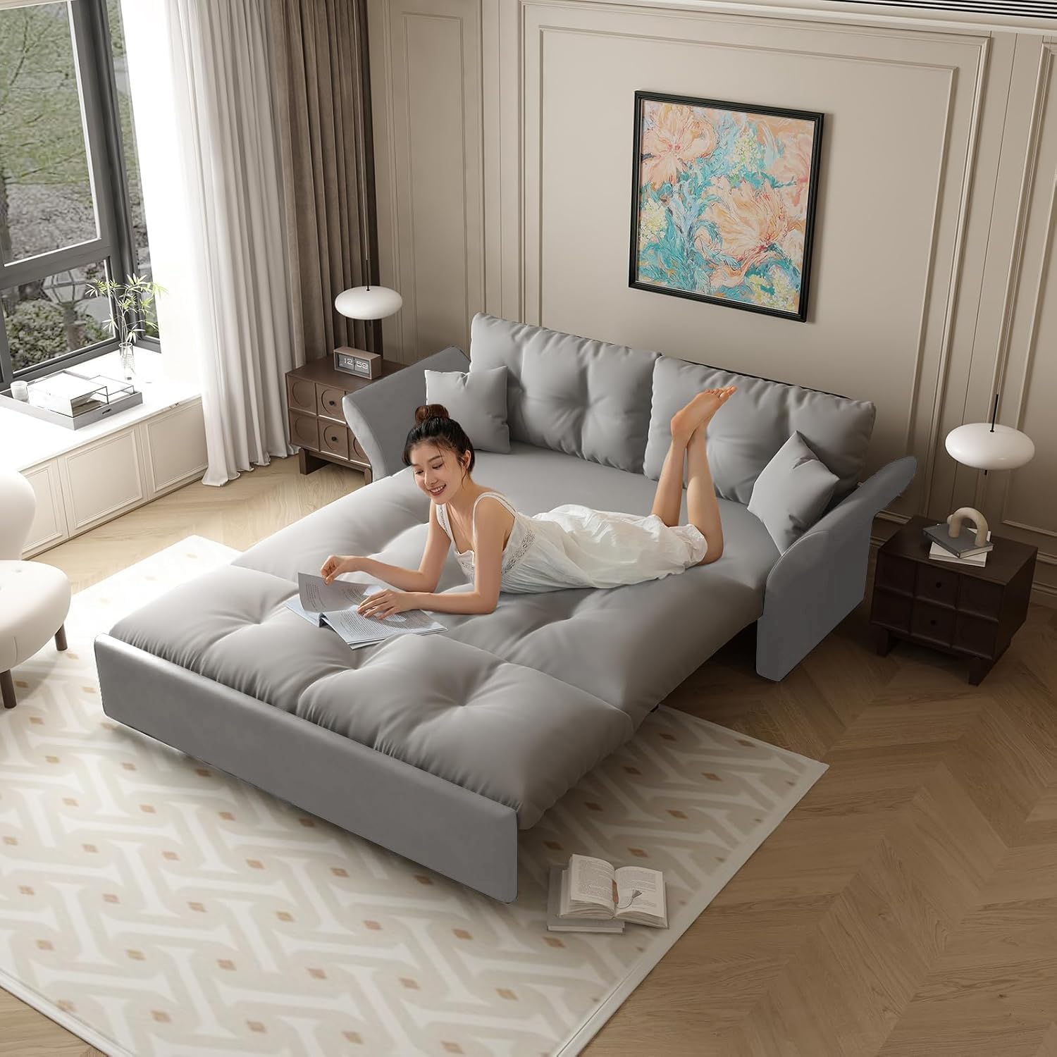 74.8' Queen Size Sleeper Sofa with Pull Out Bed, 3-in-1 Convertible Loveseat Sofa with 2 Pillows, Portable Pull Out Chaise for Living Room Apartment Small Spaces, Grey