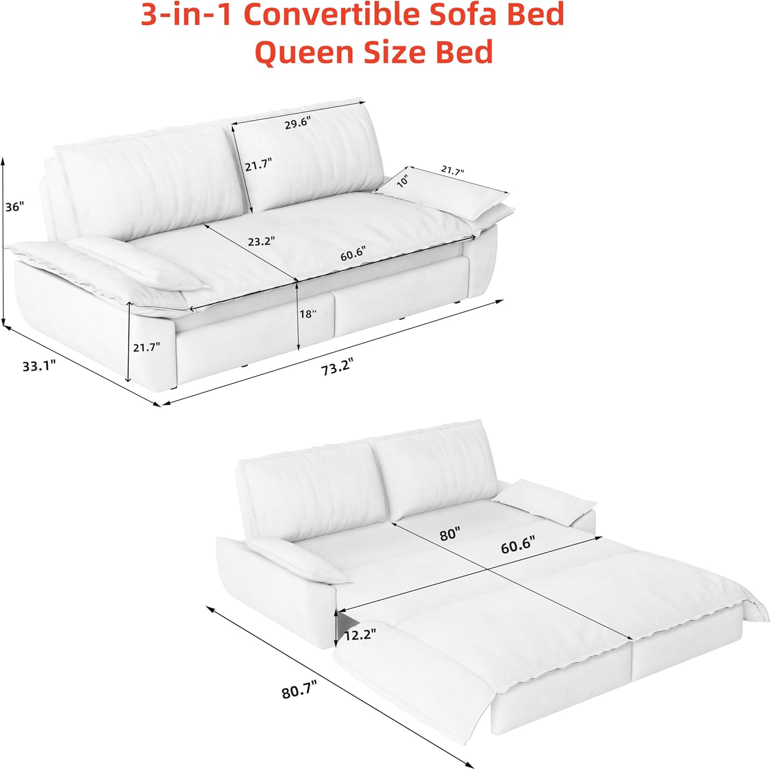 73.2' Queen Size Pull Out Sofa Bed,3-in-1 Convertible Sleeper Sofa with Velvet Upholstery,Removable Cushions & Backrest Sturdy Metal Frame,Multifunctional Loveseat Bed for Living Room,Bedroom,Black