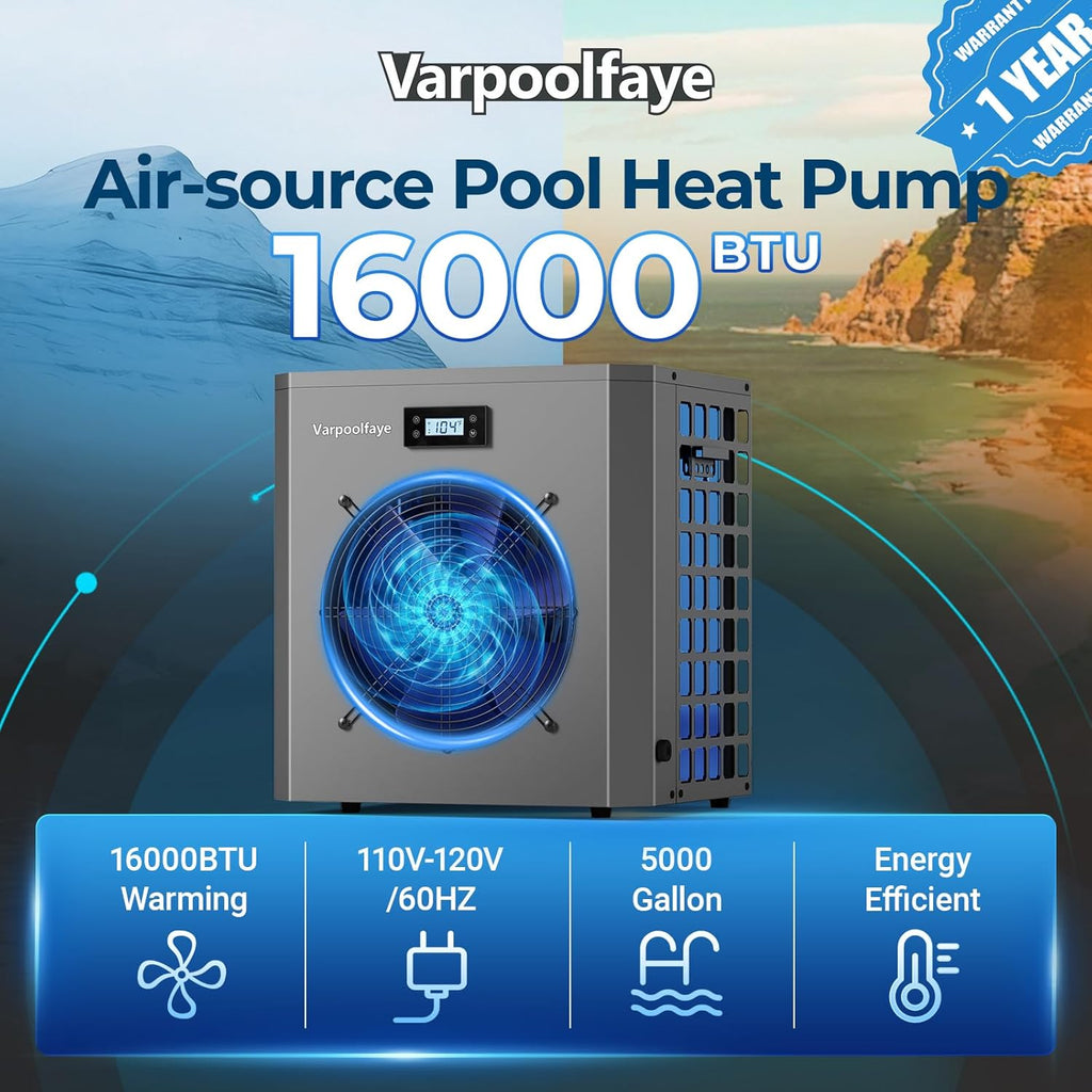 16000 BTU Swimming Pool Heat Pump 5000 Gallon Electric Pool Heater for Above Ground Pool 5KW Heating or Cooling WiFi Control Timer Pool Heater 110V 60Hz