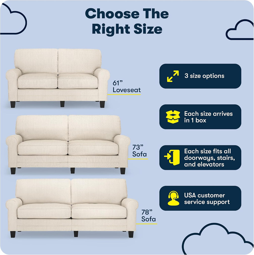 Serta Copenhagen 78' Rolled Arm Sofa, Easy Care Polyester, Soft Pillow Back, Pocket Coil Seat Cushions, Removable Covers, Loveseat or Couch for Small Spaces, Living Rooms or Bedrooms, Buckwheat Beige