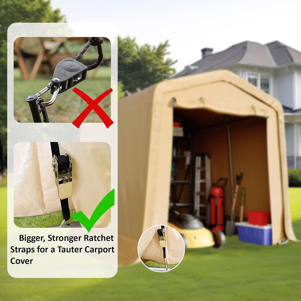 CHARMELEON 8x8FT Heavy Duty Outdoor Storage Shelter,Portable Garage Shelter for Garden Tool Motorcycle Bike,All-Steel Metal Frame Storage Tent with Dual Doors & Thickened Fabric (Khaki)