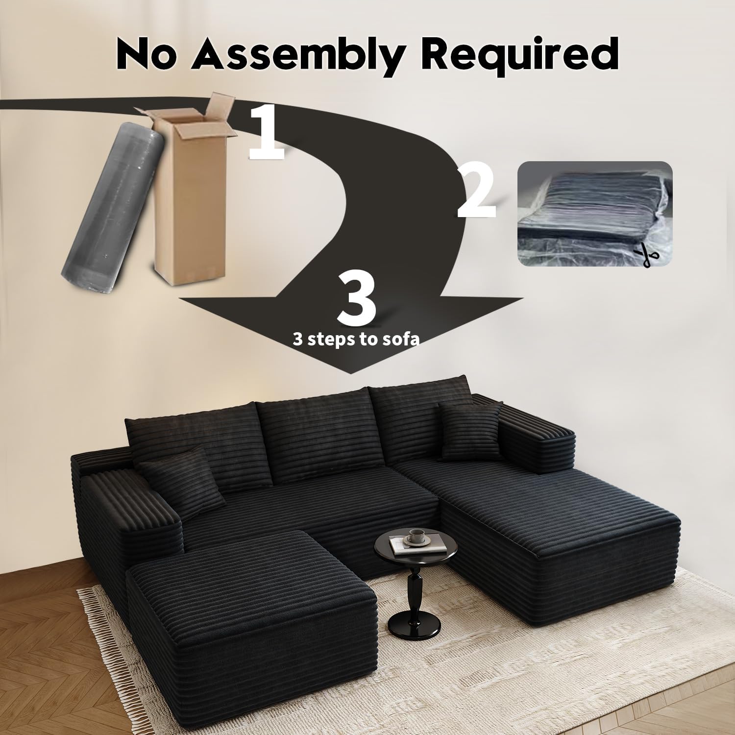107.5' Cloud Modular Sectional Sofa with 1 Ottoman,Modern Minimalist Upholstered Couches, Comfort U Shaped Sofa for Living Room,Deep Seat Corner Couch，No Assembly Required (Black,Right Facing Chaise)