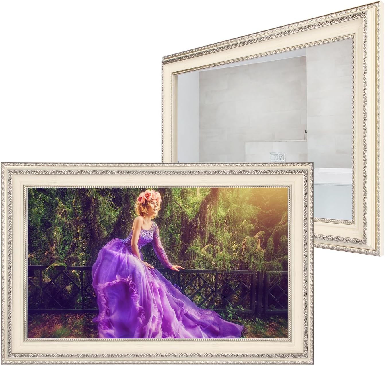 Soulaca 27 inches Smart Mirror with Antique Ivory Color Frame TV Waterproof IP65 SPA Fireplace Wall Mount Decoration Built-in Voice Control WiFi Bluetooth Entertainment Gallery Makeup Mirror