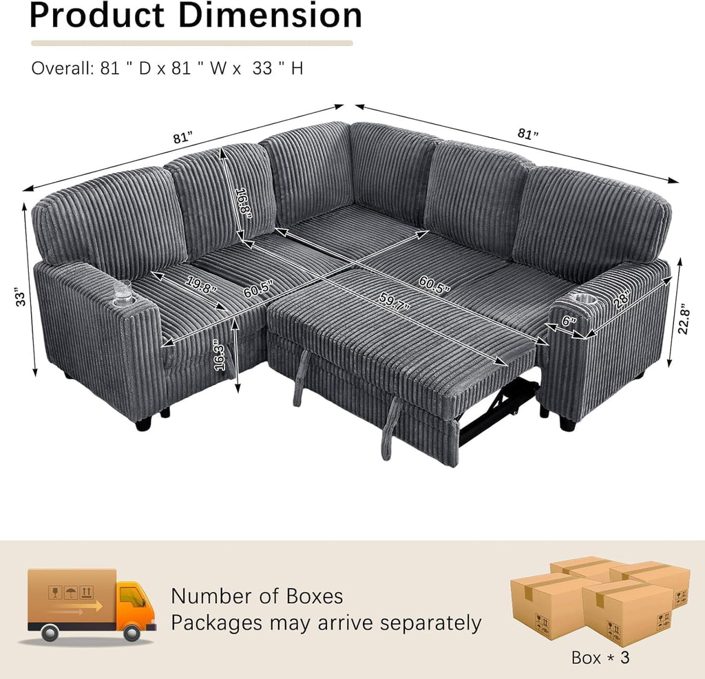 81' Modular Sectional Sofa, L Shaped 5-Seater Sleeper Sofa with Pull Out Bed, Hidden Storage, Cup Holders & USB Charging Ports, Sectional Couches for Living Room, Corduroy, Grey