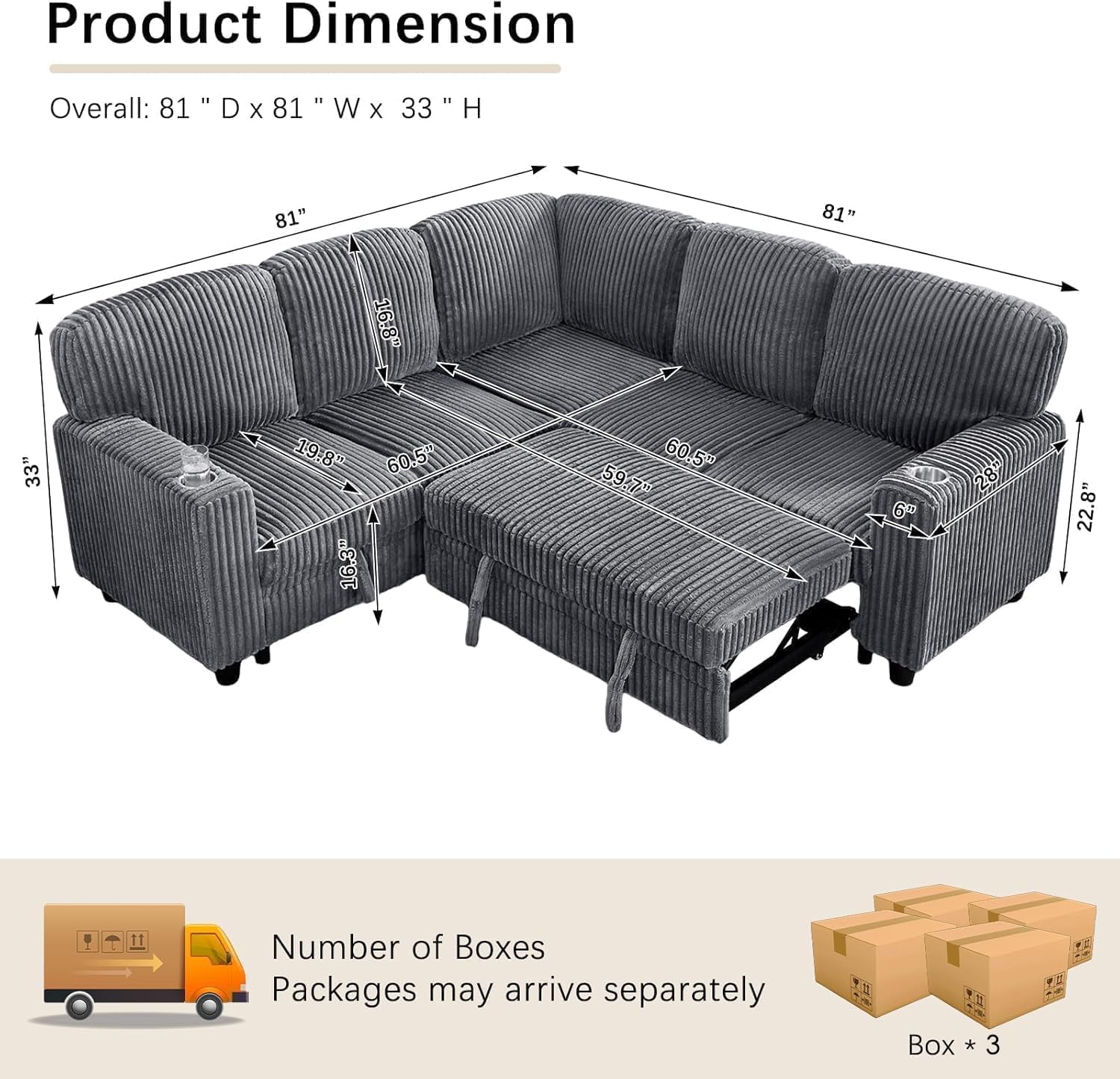 81' Modular Sectional Sofa, L Shaped 5-Seater Sleeper Sofa with Pull Out Bed, Hidden Storage, Cup Holders & USB Charging Ports, Sectional Couches for Living Room, Corduroy, Grey