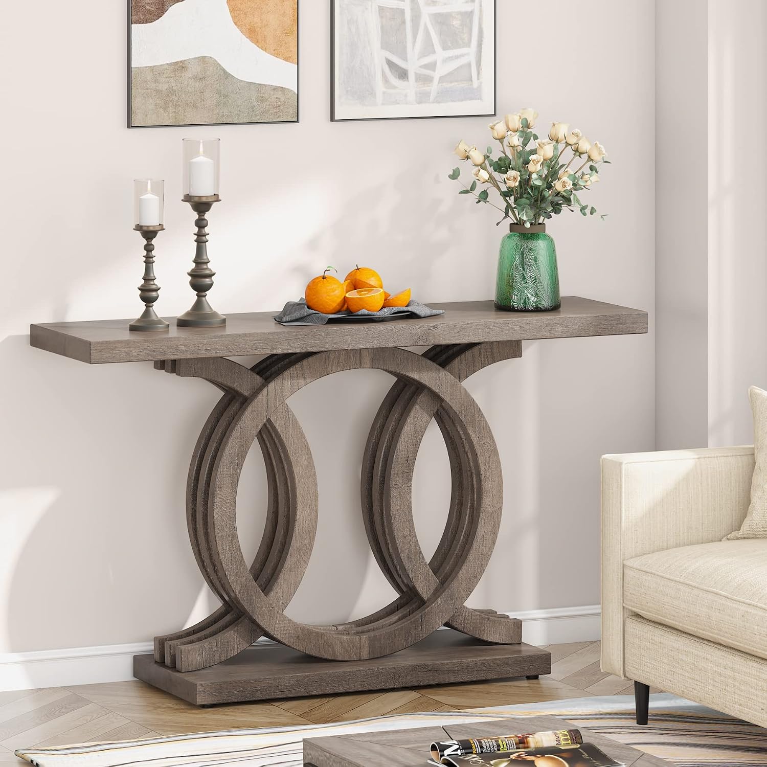 Tribesigns 55 inches Console Table with Unique Base, Vintage Wooden Entryway Sofa Table, Unique Long Accent Hallway Table for Decoration and Organization (Brown)