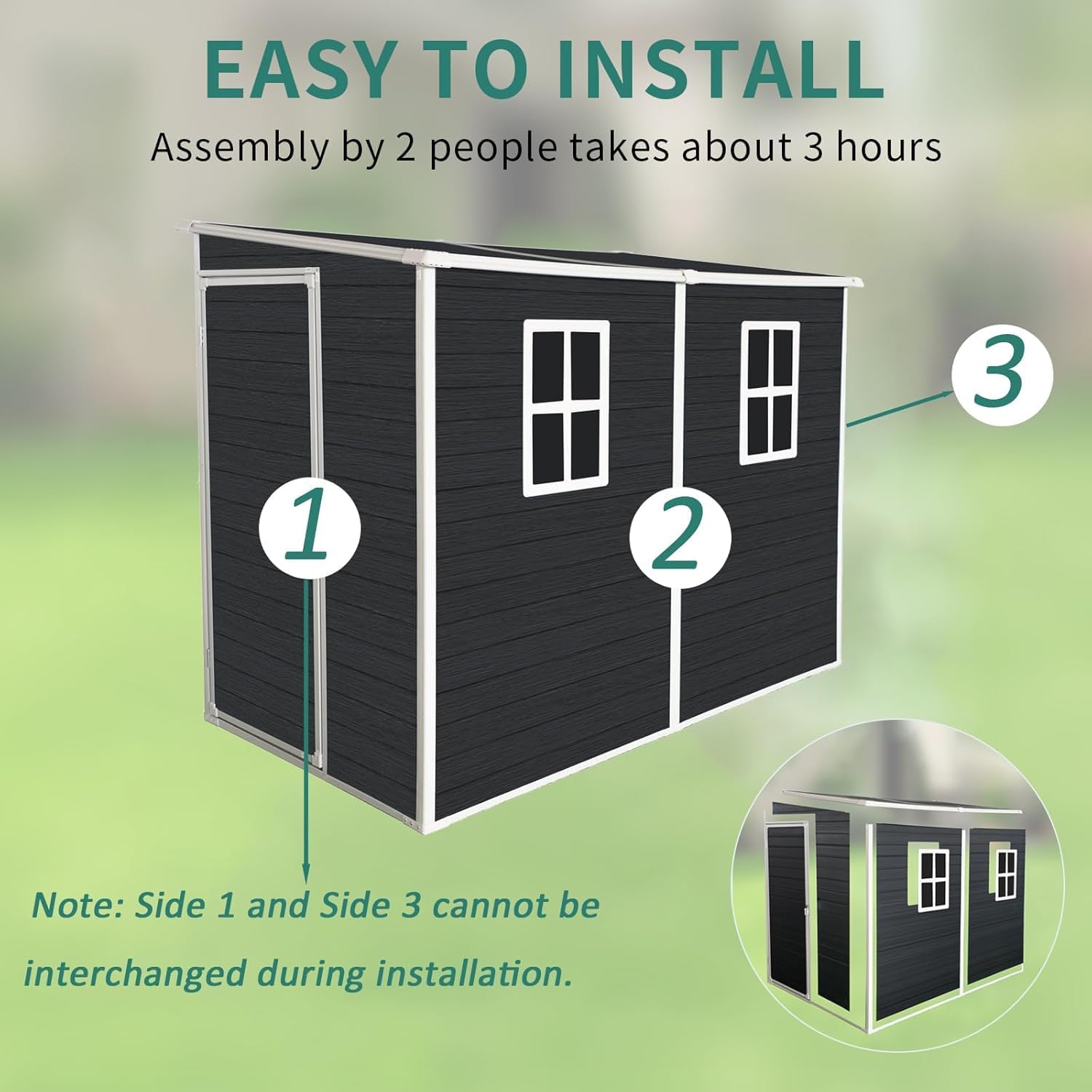 KUIKUI 8x4 FT Shed with Floor Included, Storage Sheds Plastic Sheds, Lean to Shedwith 2 Windows and Lockable Door, Backyard Storage Sheds for Garden Tools, Bike, Black