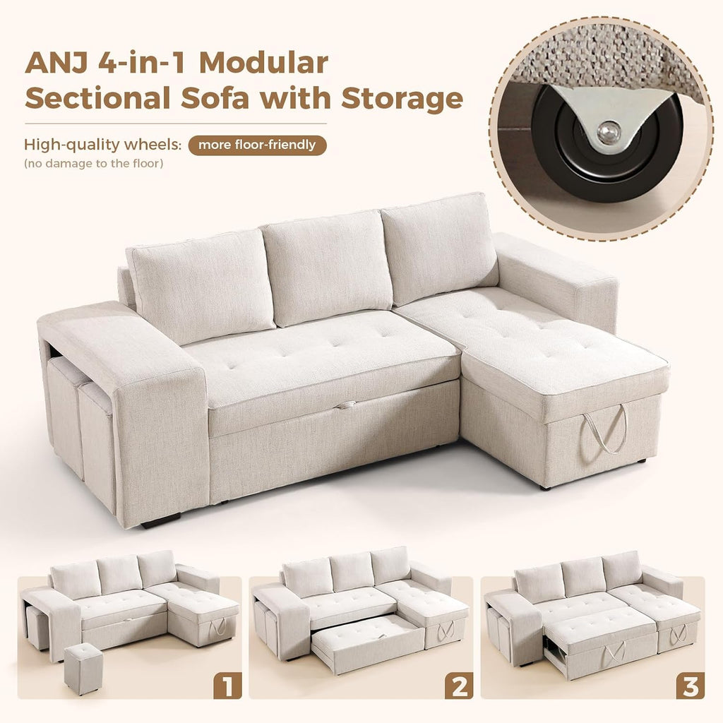 ANJ Chenille Sleeper Sofa Couch with Pullout Bed, 4 in 1 L Shaped Modular Sectional Sofa with Storage Ottoman for Living Room(Beige)