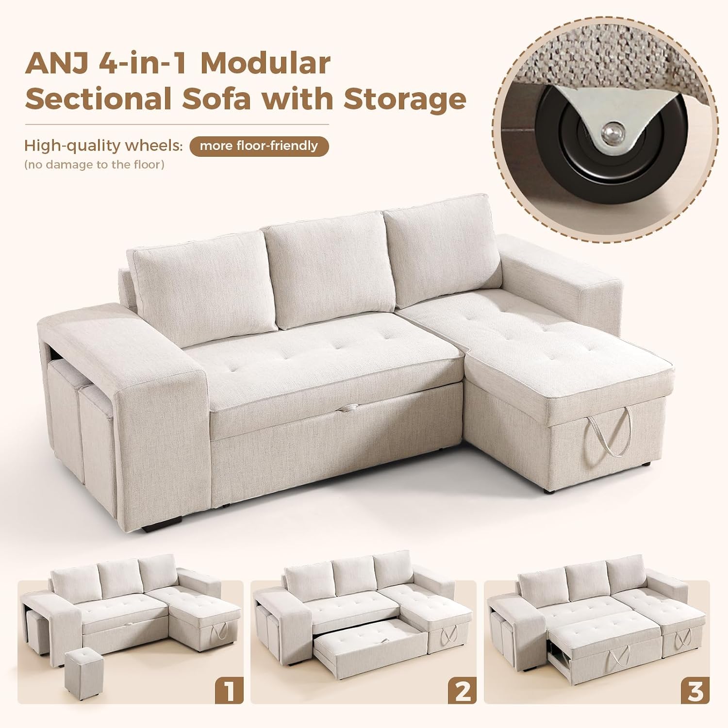 ANJ Chenille Sleeper Sofa Couch with Pullout Bed, 4 in 1 L Shaped Modular Sectional Sofa with Storage Ottoman for Living Room(Beige)