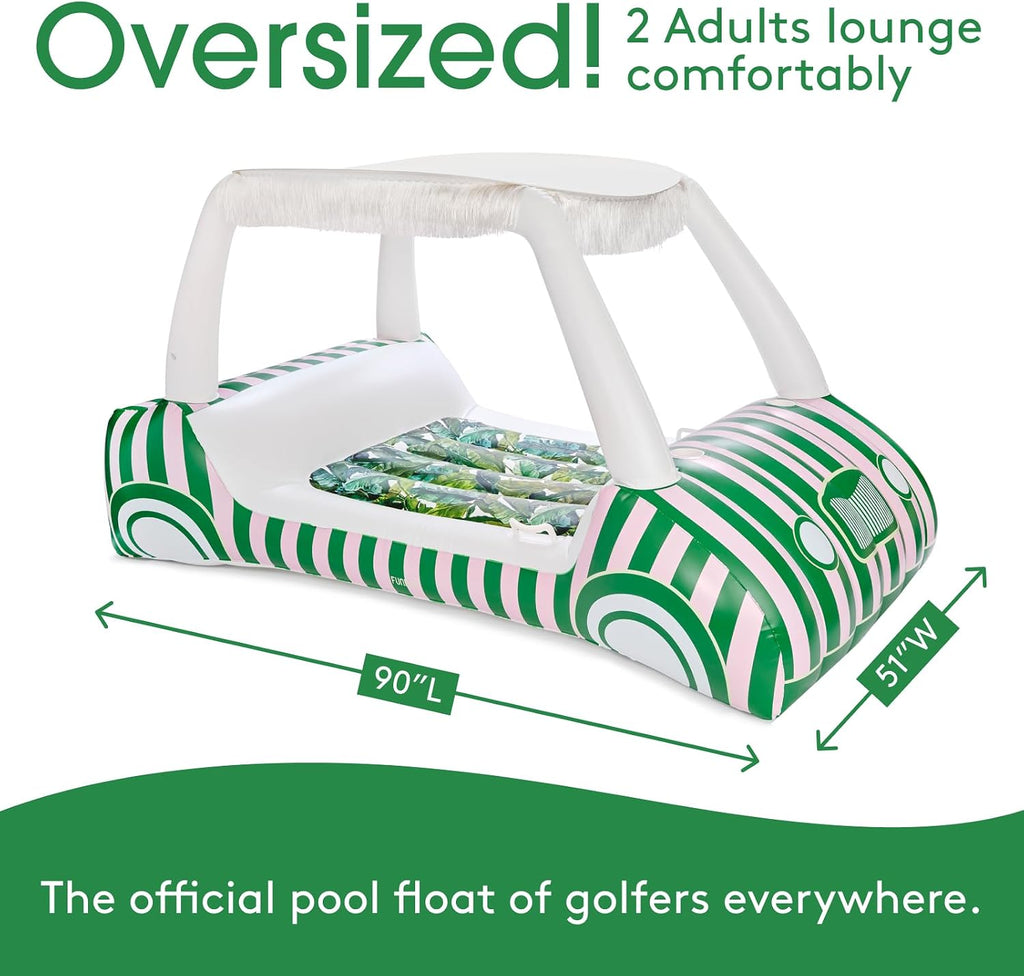 FUNBOY Palm Print Golf Cart Pool Float 90' Long, Two Cup Holders, Removable Fringe Shade, Float for Summer Pool Party and Entertainment
