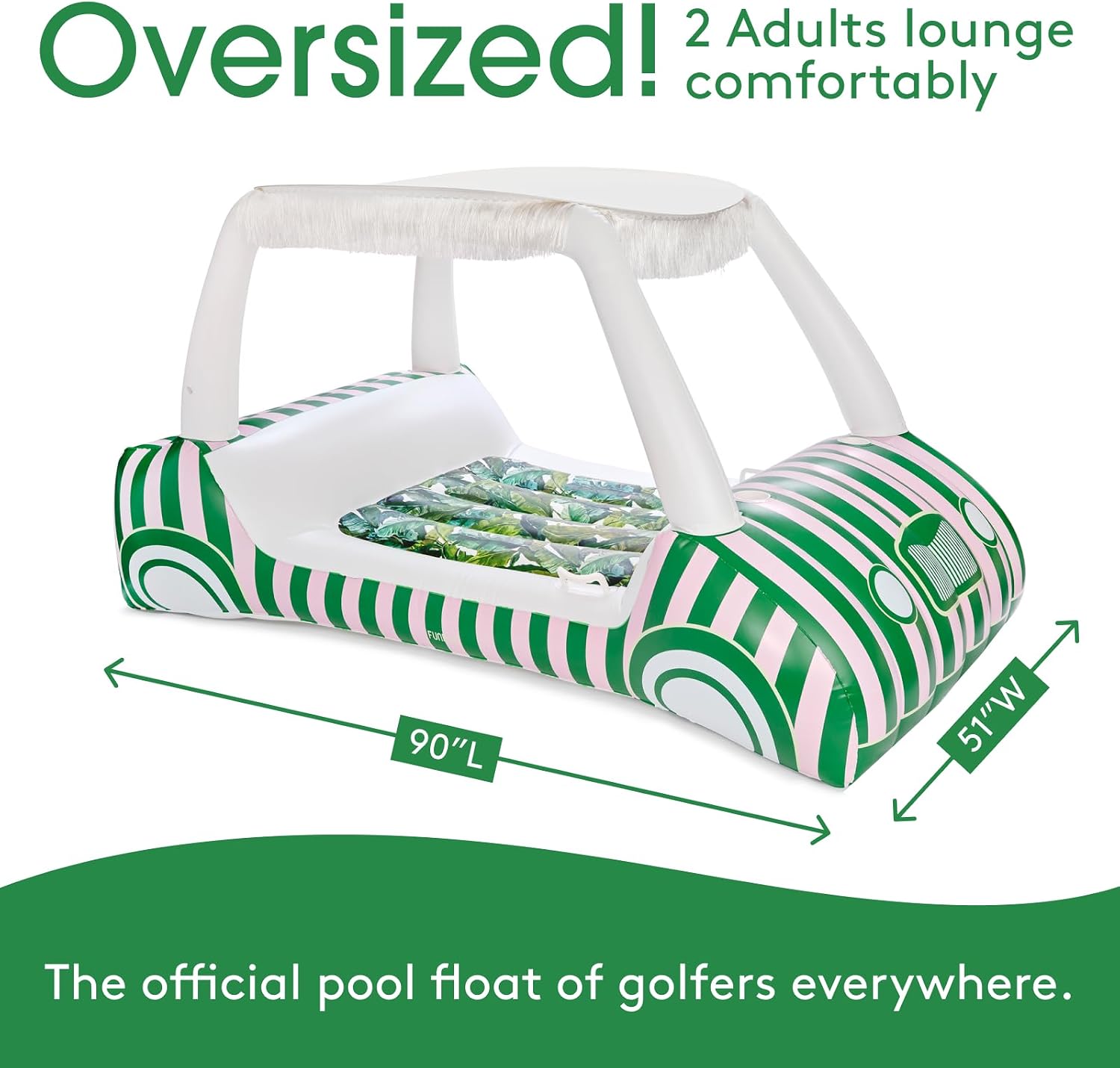 FUNBOY Palm Print Golf Cart Pool Float 90' Long, Two Cup Holders, Removable Fringe Shade, Float for Summer Pool Party and Entertainment