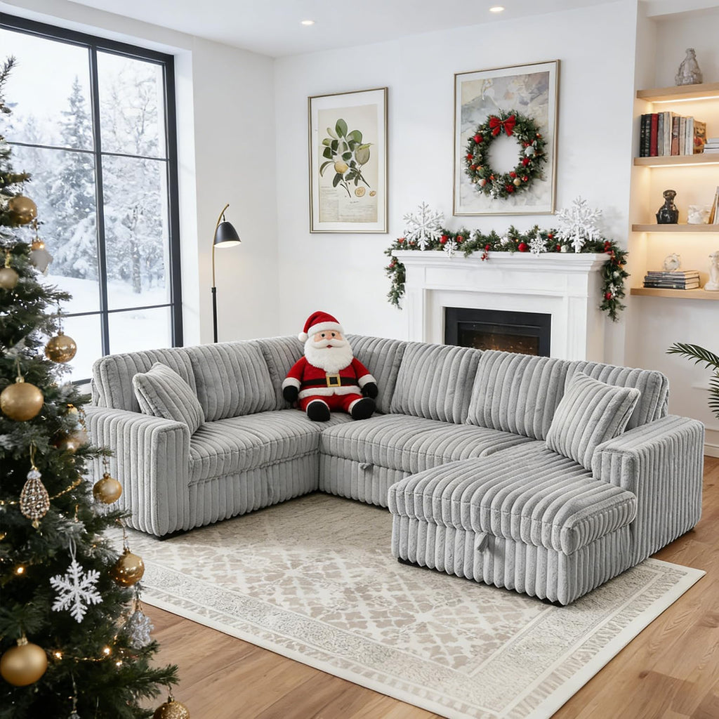 122 Inch Oversized U-Shaped Corduroy Sectional Sleeper Sofa with Pull Out Bed, Fluffy Plush Convertible Couch Bed with Storage Chaise for Living Room, Grey