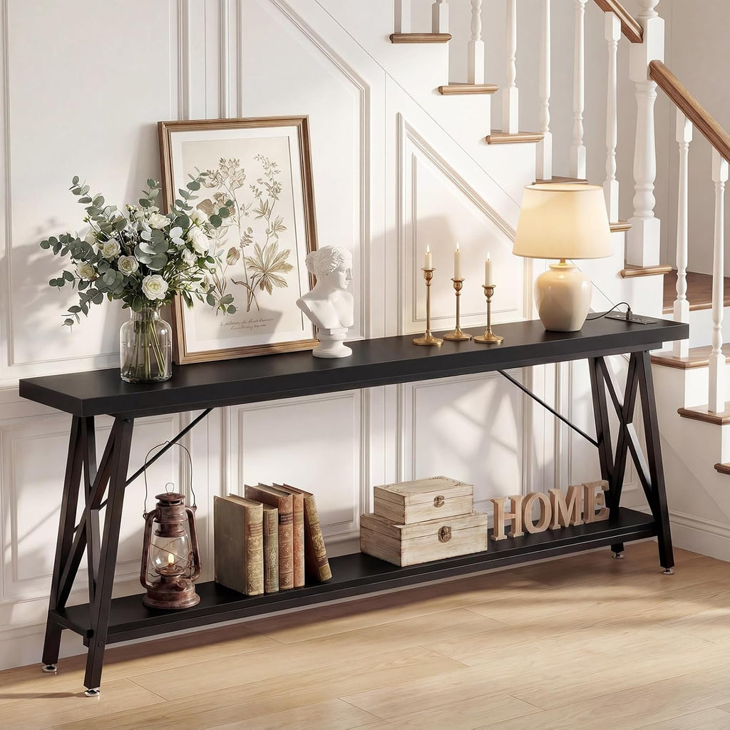 Homieasy 70.9 Inch Extra Long Console Table, Industrial Sofa Table Behind Couch with Charging Station & Storage Shelf, Entryway Table for Living Room & Entryway, Black