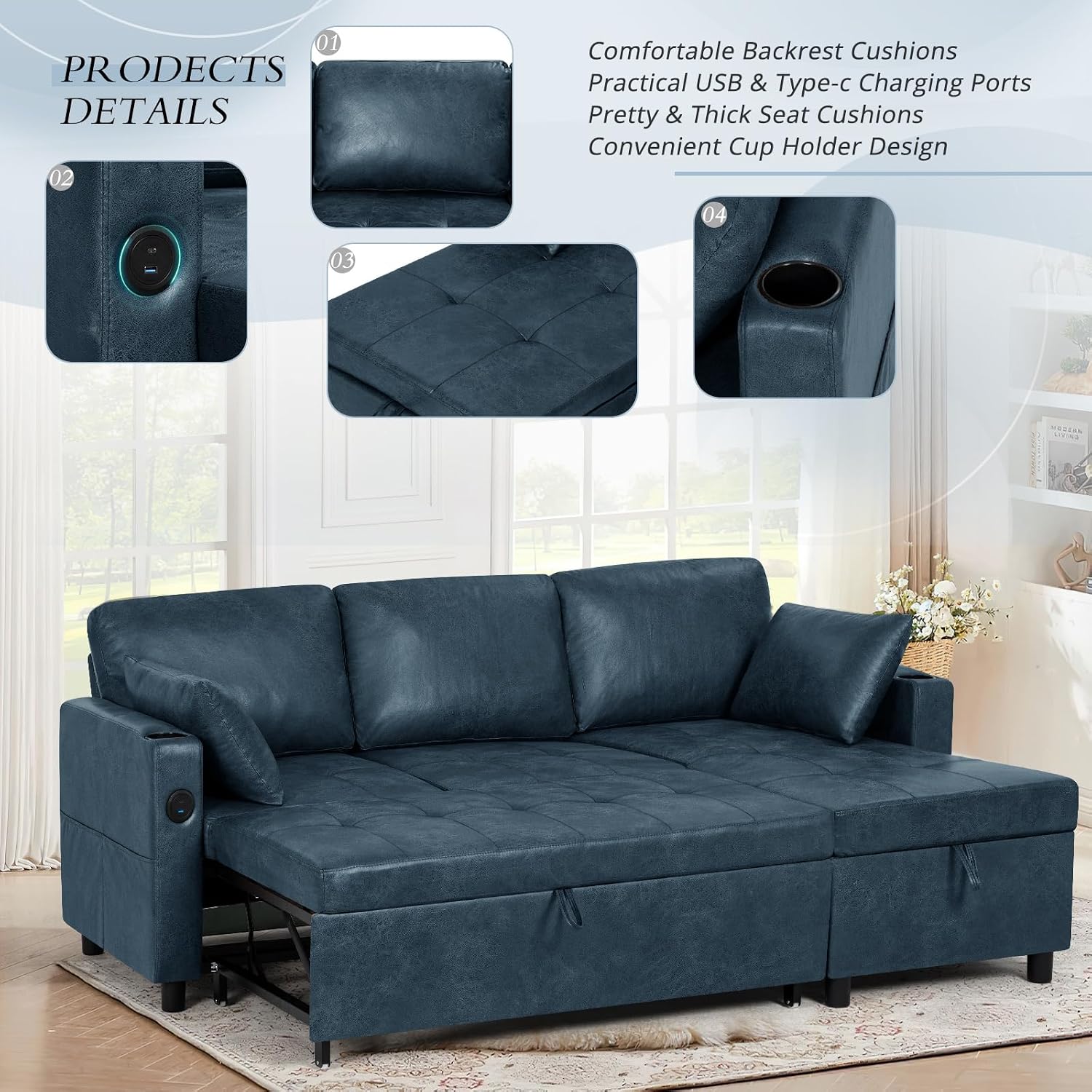 84' L-Shape Pull Out Sofa Bed with Adjustable Backrest, Upholstered Sectional Sleeper Sofa with Storage Chaise, Suede Leather Reversible Couch Bed with USB Port for Living Room, House, Blue