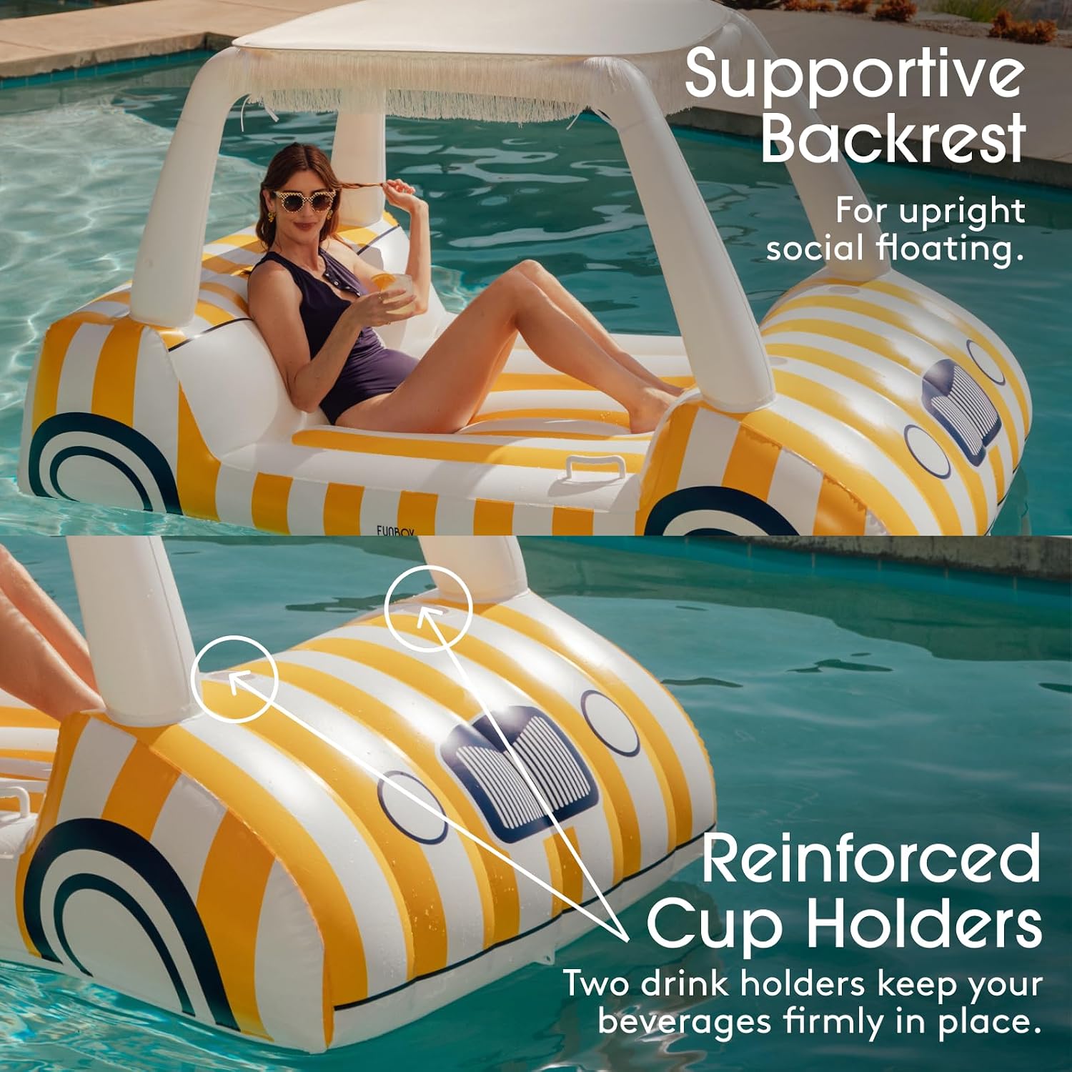 FUNBOY Yellow & White Cabana Striped Golf Cart Pool Float 90' Long, Two Cup Holders, Removable Fringe Shade, Float for Summer Pool Party and Entertainment