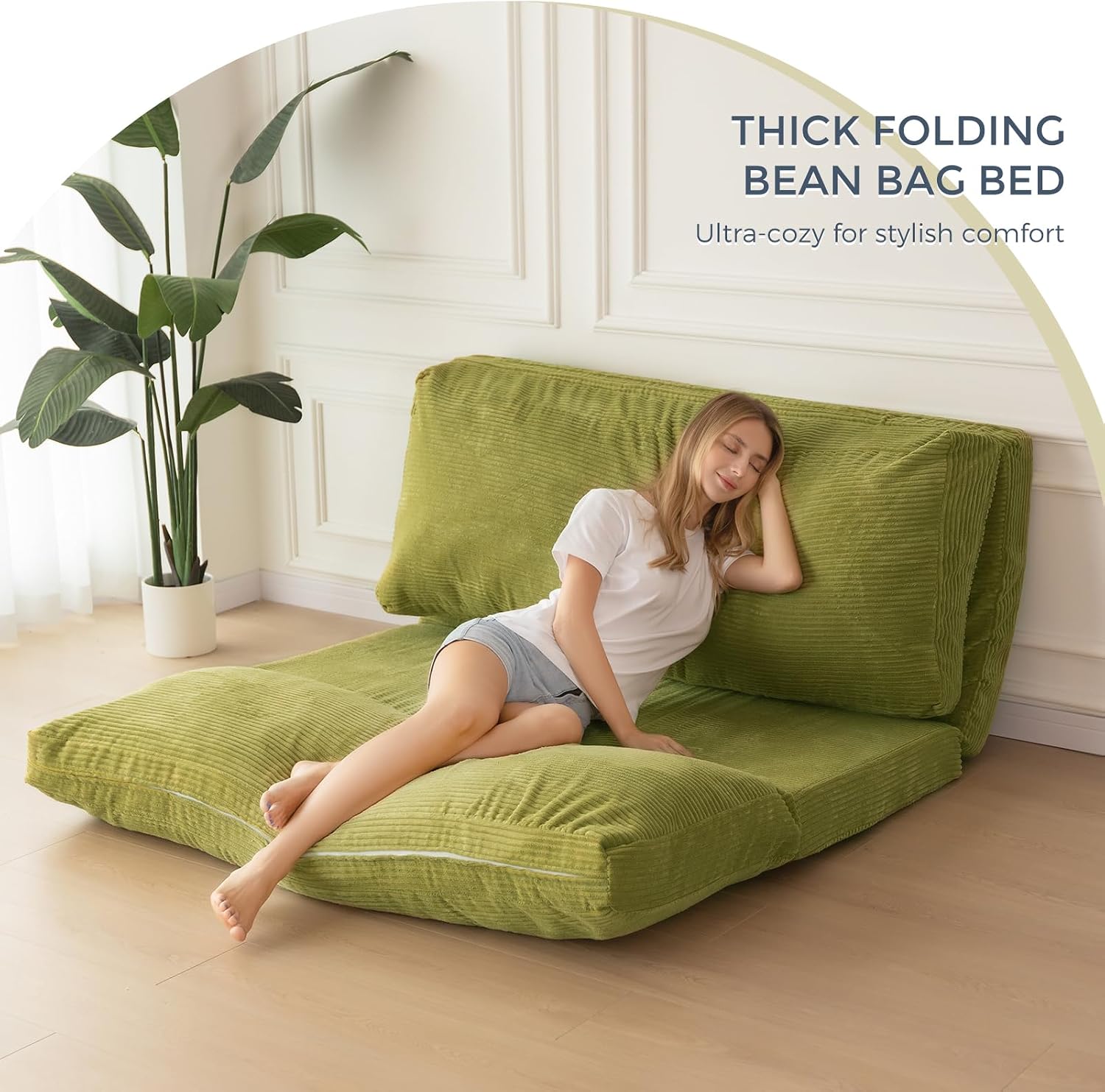 MAXYOYO Folding Sofa Bed, Extra Thick and Long Floor Sofa Convertible Sleeper Chair with Washable Cover, Floor Couch Lounge Bean Bag Bed for Living Room, Green, 54x95 Inch