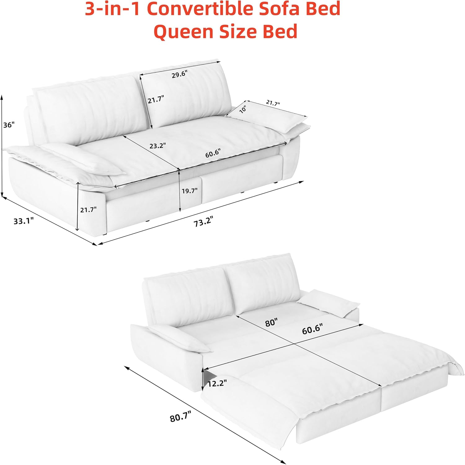 73.2'' Velvet Queen Size Sofa Bed, Loveseat 3-in-1 Convertible Sleeper Sofa Couch, Pull Out Sofabed, Space Saving, Black