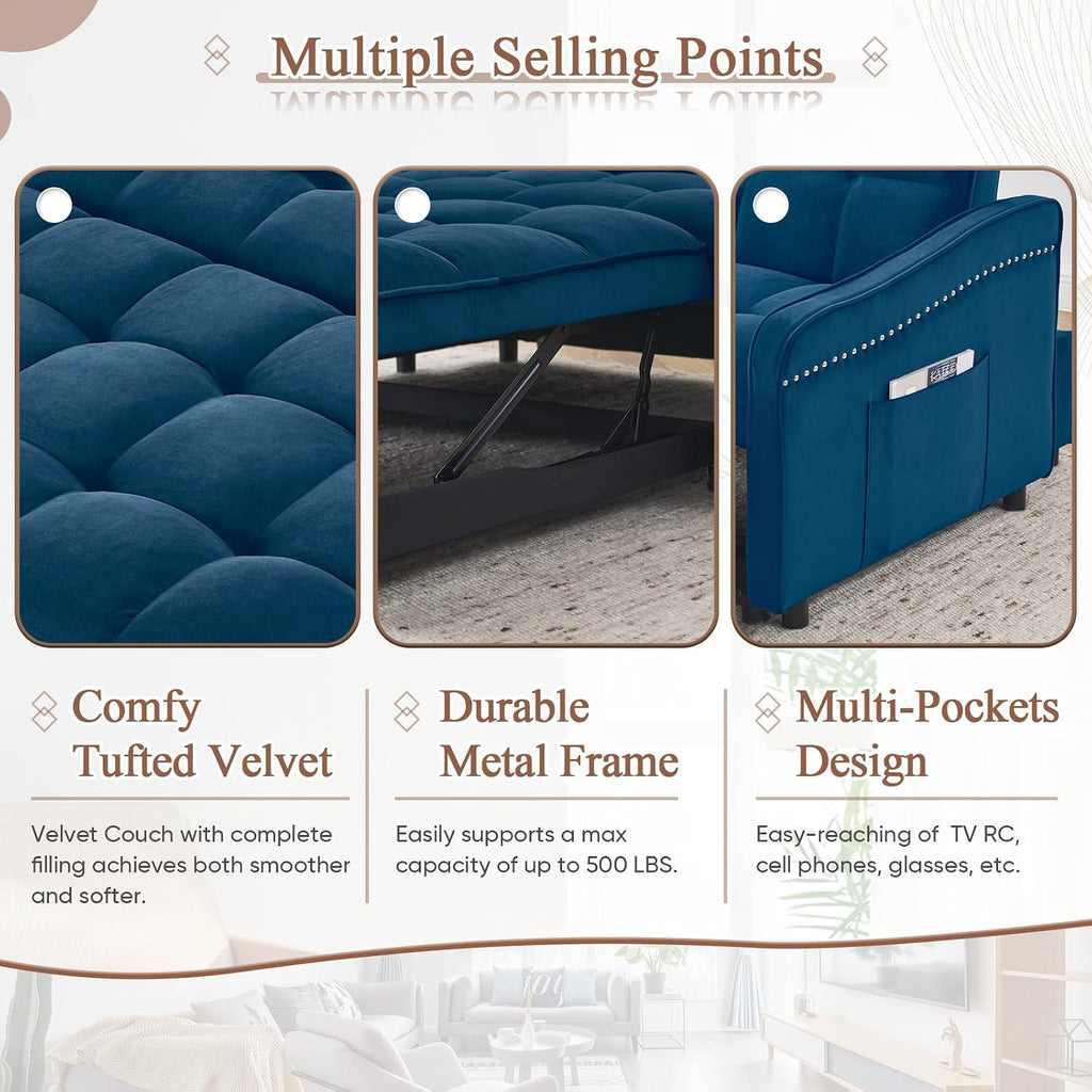Antetek 3 in 1 Sleeper Sofa Couch Bed with USB & Type C Port, 52' Small Modern Convertible Tufted Velvet Loveseat Sofa w/Pull Out Bed for Living Room Small Space Apartment, Blue