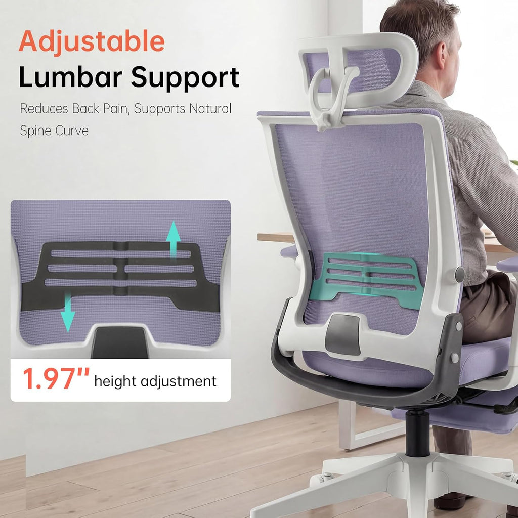 Foldable Office Chair with Foot Rest, Ergonomic Office Chair with Adjustable Lumbar Support, Headrest, Armrest, Home Office Desk Chair for Space Saving, Work from Home, Purple