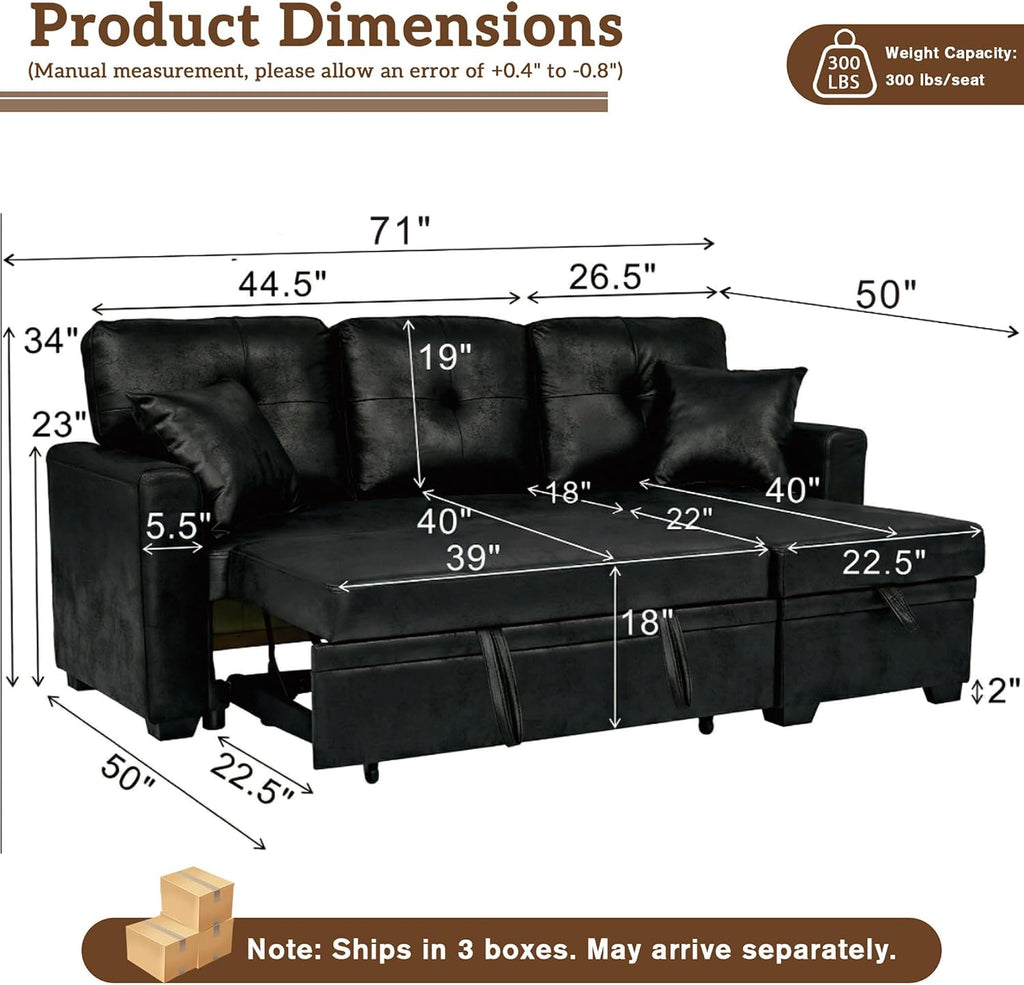 71' L-Shaped Couch with Pull Out Bed, Modern Sofa Bed Couch with Storage, Foil Fabric Convertible Sleeper Sofa, Multi-Functional Sectional Couches for Living Room, Apartment, Black
