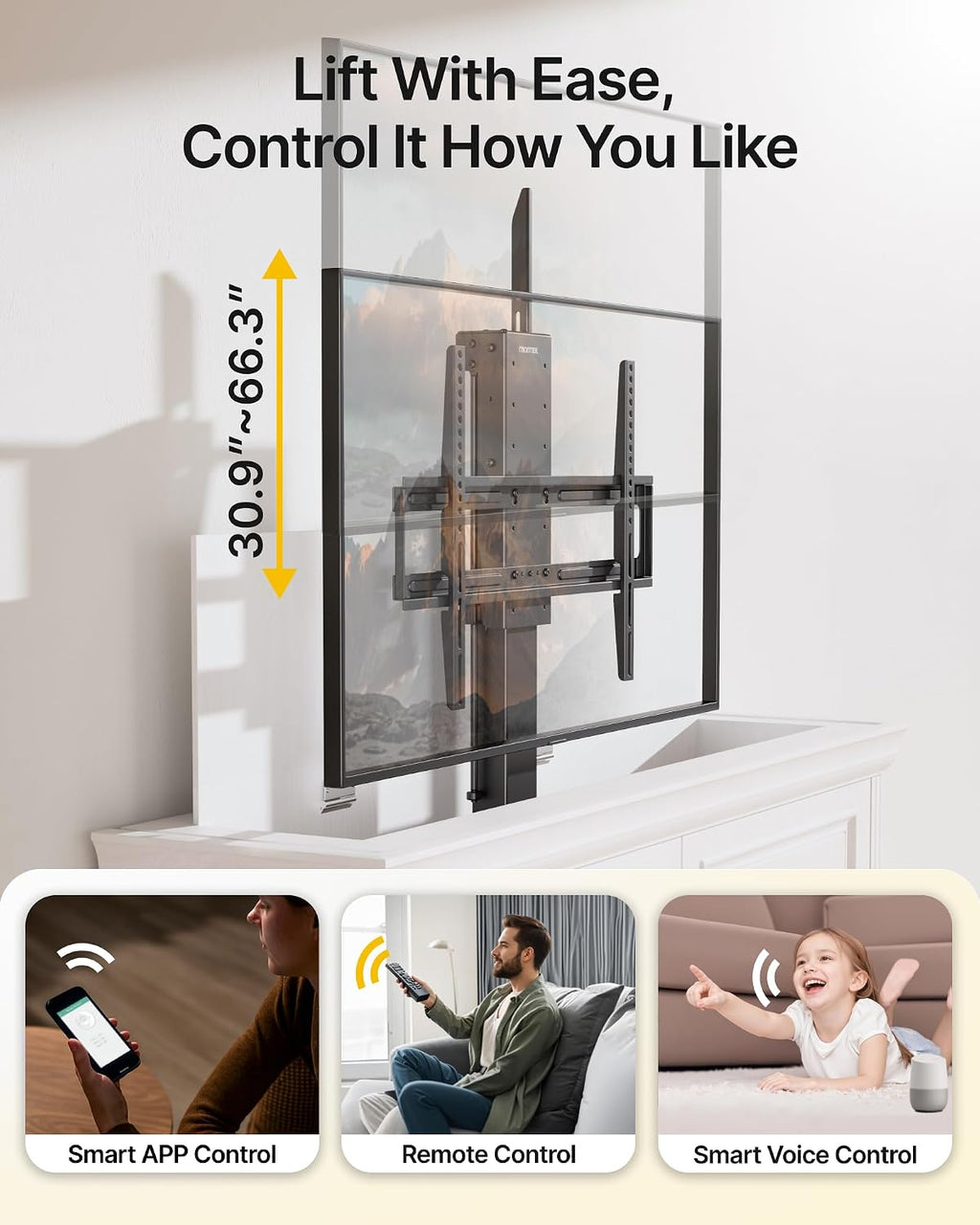 monTEK Motorized TV Lift for 37-65 inch TVs, Ceiling&Vertical TV Lift Mechanism with RF Remote, Smart Phone & Voice Control via WiFi, Up to 132lbs, 4X Load Tested, Max VESA 600 * 400