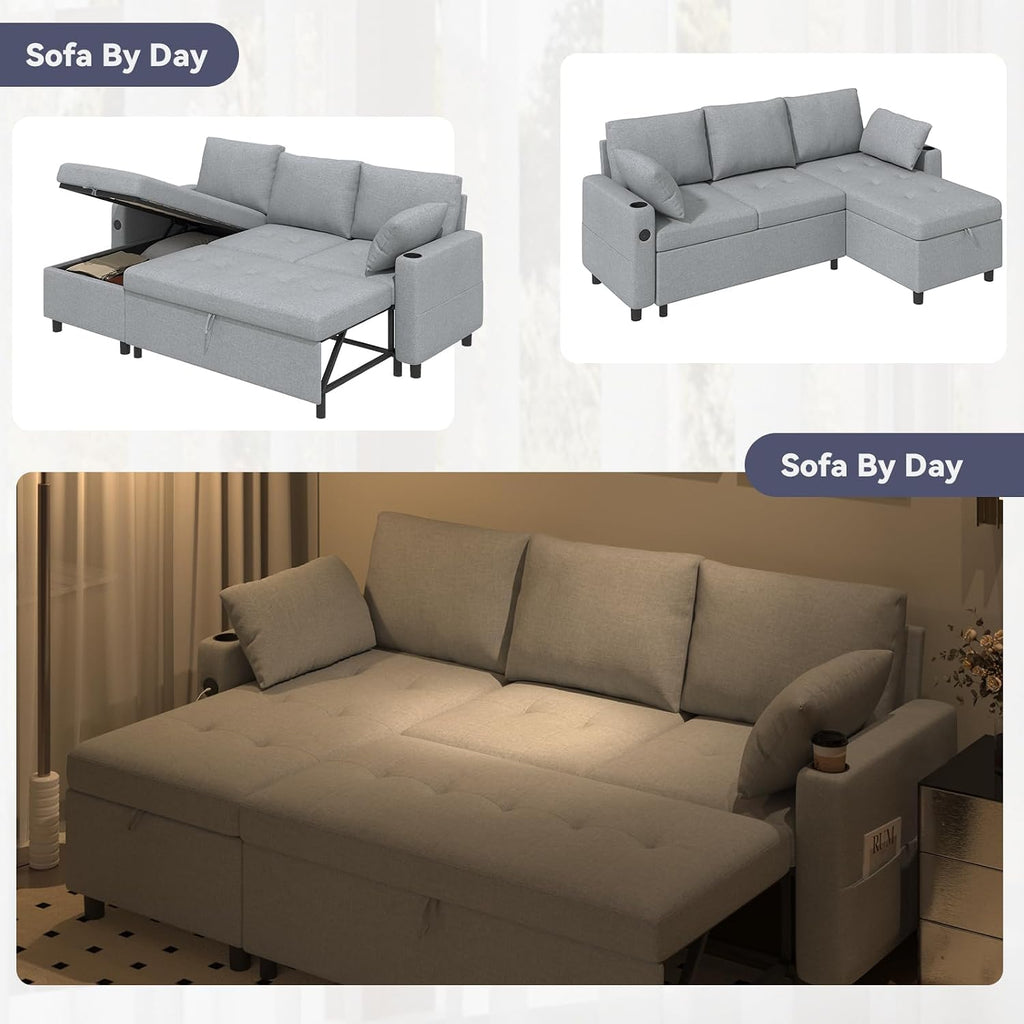Esright 84'' Sleeper Sofa Bed, L Shaped Sectional Convertible Pull Out Couch with Storage Chaise for Living Room, Sleeper Sofa Couch with Pullout Bed, USB, Cup Holder, Side Pocket(Light Gray, Linen)