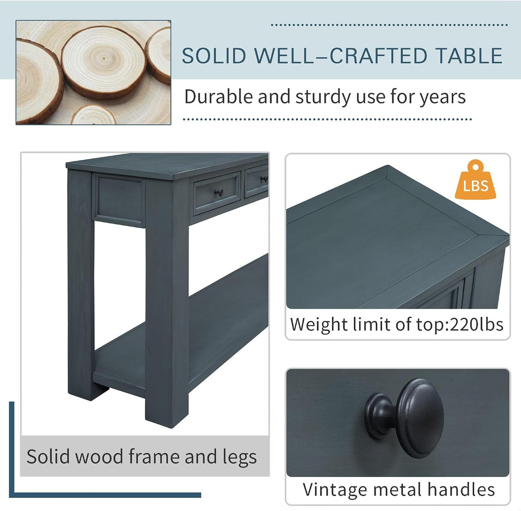 GDFStudio Farmhouse Console Table with 4 Drawer 63' Long Rustic Entryway Table with Open Storage Shelves Vintage Metal Handle Narrow Foyer Sofa Tables for Living Room Entryway Hallway, Navy Blue