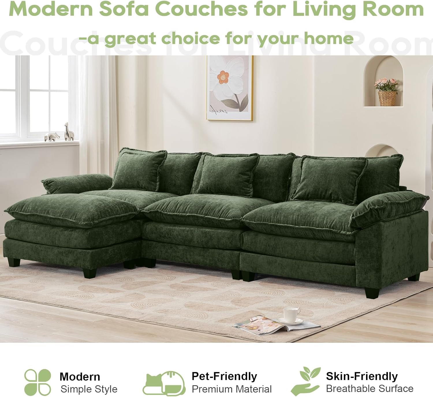 Oprisen 120' Modular Sectional Sofa, Comfy Cloud Couch Sectional Sofa with Ottoman, Chenille Sofa Sleeper Deep Seat Sofa with Throw Pillows for Living Room (Green, 120'- L Shape)