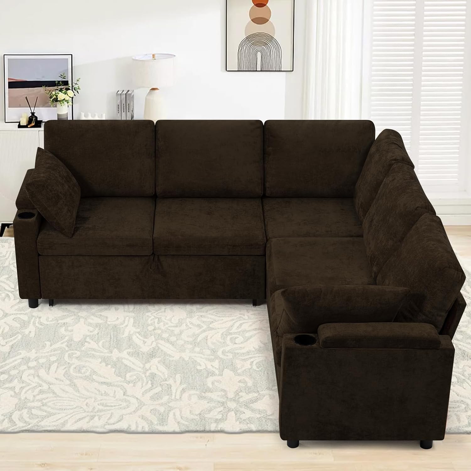 85' Chenille Reversible Sectional Sofa w/Pull-Out Bed, Upholstery L-Shaped Couch w/Storage Armrests & Cup Holders, Modern Corner Sofa w/USB Charging Port & Throw Pillow for Living Room, Brown