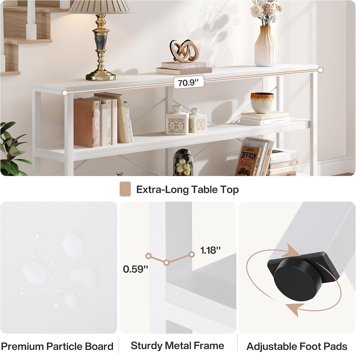 Tribesigns 70.9-Inch Extra Long Console Table, 3-Tier Industrial Sofa Table with Metal Frame, Modern Behind Couch Table with Storage Shelves for Living Room Entryway Hallway Foyer (White)