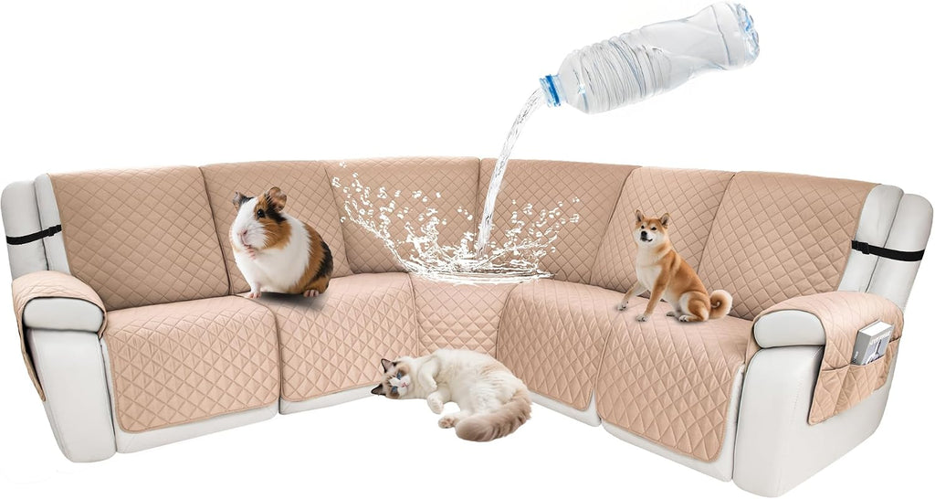 Waterproof Sectional Reclining Couch Covers L Shaped Recliner Sectional Sofa Cover 7 Piece Non Slip Washable Corner Recliner Slipcover Set for Pet Dog (5 Seater Cover, Apricot)