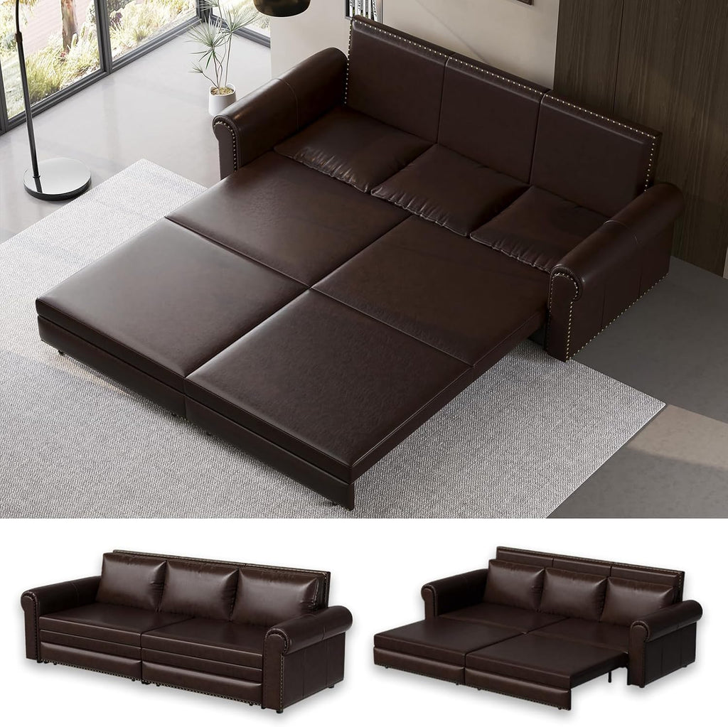 93.7' King Size Sleeper Sofa Bed, Pull Out Sofa Bed, Faux Leather Upholstery, 3 in 1 Convertible Sleeper Couch, Chaise Lounge, Retro Recliner for Living Room, Office, Apartment, Dark Brown